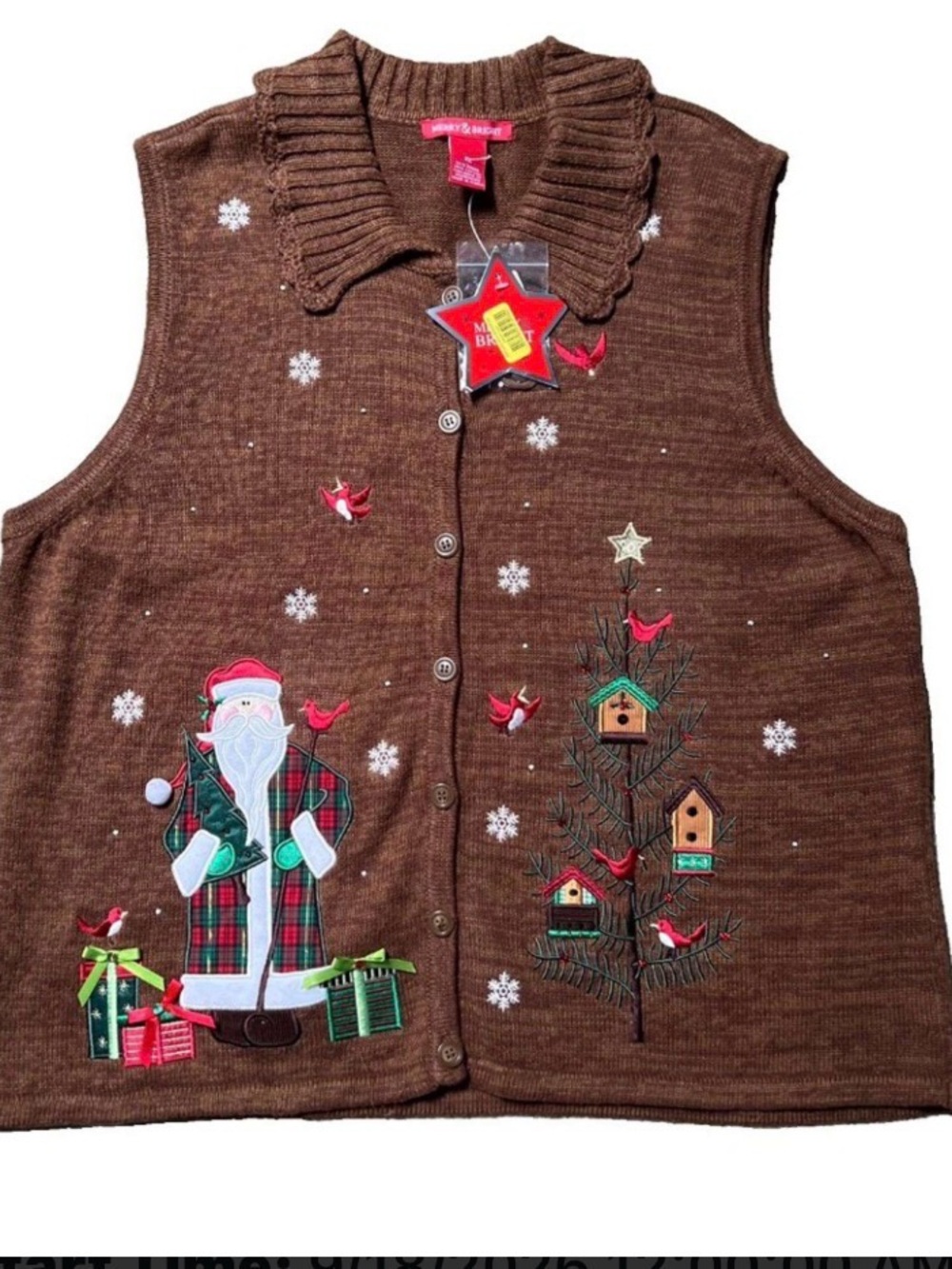 Merry & Bright Christmas Sweater Vest Womens XL NWT Santa Birdhouses Cardinals